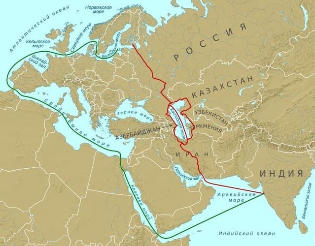 Рис. 2. Коридор «Север — Юг» и водный маршрут вокруг Европы. Источник: geopolitika.news
