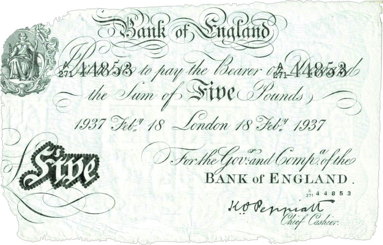 Поддельные 5 фунтов стерлингов. Источник: https://blog.westminstercollection.com/operation-bernhard-banknote-5/