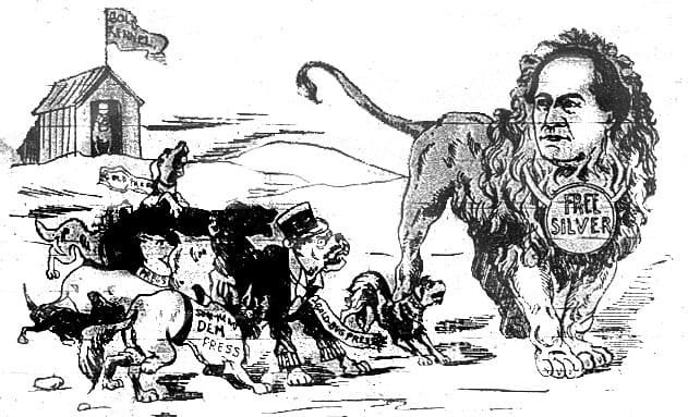 Рис. 2. Карикатура на Уильяма Дженнигса Брайана в образе льва, на которого лает демократическая пресса. На медали надпись — «Free silver», лозунг популистов, выступающих за неограниченную чеканку серебра